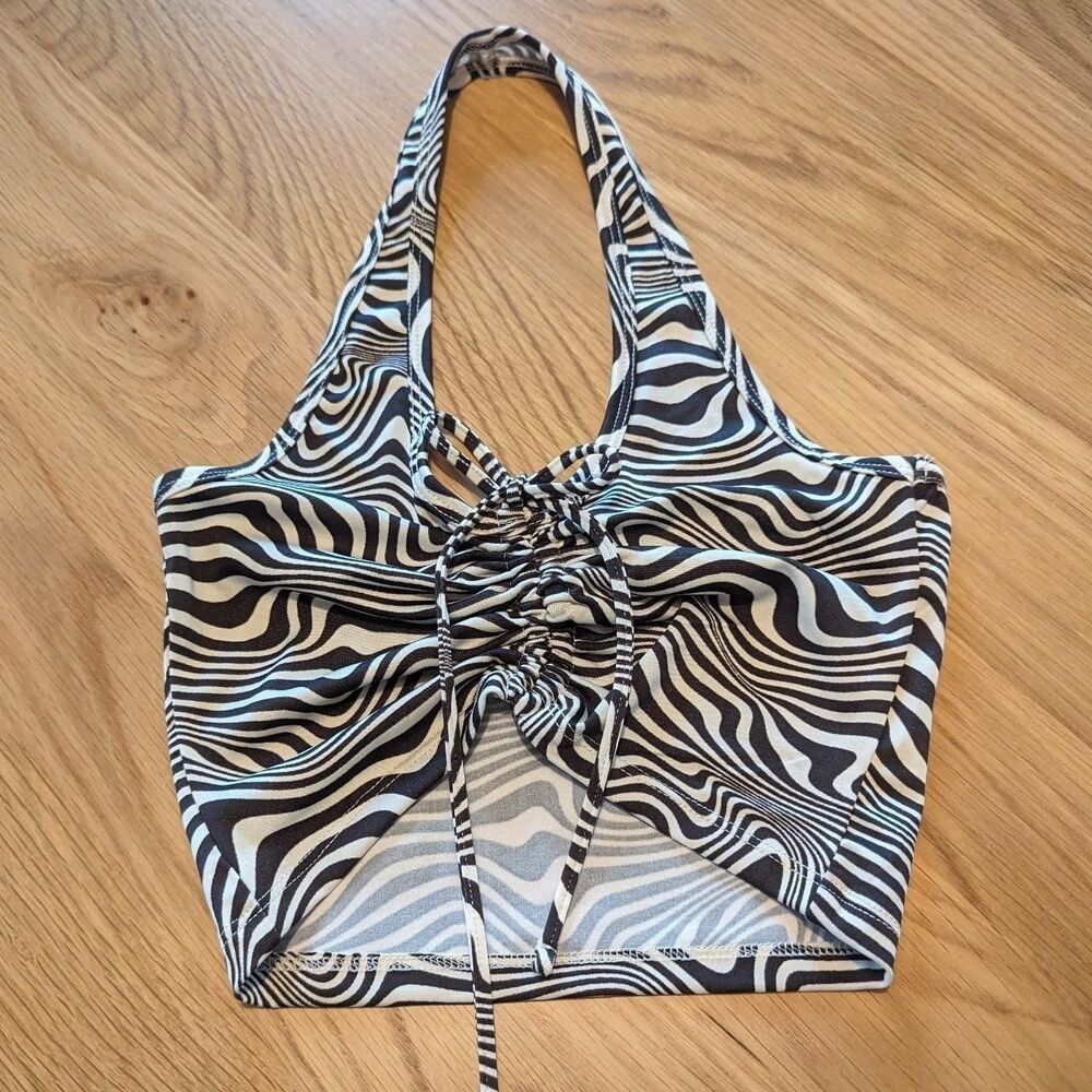 Urban Outfitters Women's XS Stretchy Halter Top Crop Trippy Swirls Black RAVE